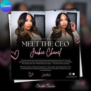 Peut inclure: Un graphique promotionnel carré montrant une personne aux longs cheveux ondulés, le texte MEET THE CEO, Jackie Chanel et Shakti Studio. Le design inclut des cœurs roses dessinés à la main sur un fond noir avec du texte descriptif blanc.