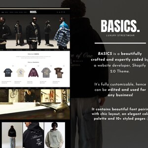 以下が含まれることがあります： 「BASICS」ラグジュアリーストリートウェアのウェブサイトモックアップ。モデルが服を着ている画像、製品ディスプレイ、ブランドロゴが表示されています。右側のテキストは、サイトの機能について説明しています。