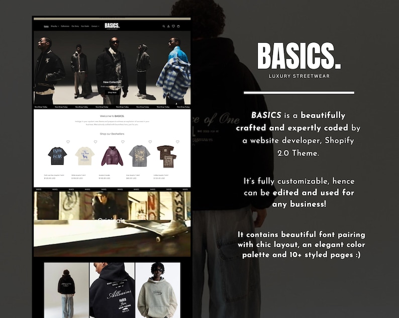 以下が含まれることがあります： 「BASICS」ラグジュアリーストリートウェアのウェブサイトモックアップ。モデルが服を着ている画像、製品ディスプレイ、ブランドロゴが表示されています。右側のテキストは、サイトの機能について説明しています。