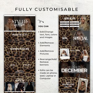 May include: A digital marketing graphic with a leopard print background. The text reads "STYLED by Latisha", "HELLO BEAUTY!", and "BOOKING POLICIES". Additional text includes "YOU CAN" and details about editing options. Images of hairstyles are also included.