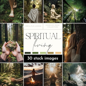May include: A collection of 30 stock images with a spiritual living theme. The images feature nature scenes, people in nature, and text that reads "Spiritual Living". The color palette includes greens, browns, and beige.