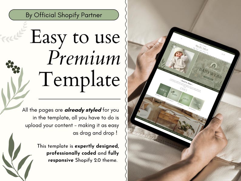 May include: A screenshot of a website template for a baby clothing store. The template features a green and white color scheme with a leafy design. The text "BABYWEAR" is displayed in a large font on the website.