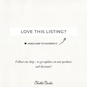 K&ouml;nnte beinhalten: Wei&szlig;er Hintergrund mit schwarzem Text: "LOVE THIS LISTING?". Darunter ein schwarzes Herz und der Text "MAKE SURE TO FAVORITE IT" mit einem Pfeil. Der Text "Follow our shop - to get updates on new products and discounts!" und der Shop-Name "Shakti Studio" sind ebenfalls vorhanden.