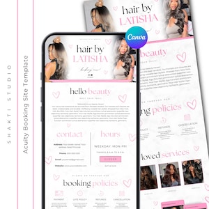 May include: A digital template for an Acuity booking site titled hair by LATISHA, featuring a white background with pink text, heart icons, and placeholder images of hair styling. The layout includes sections for contact, hours, and booking policies.