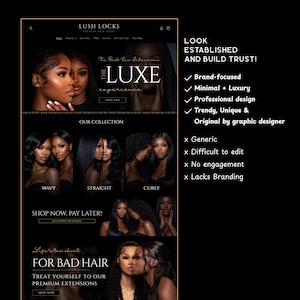 Puede incluir: Una p&aacute;gina de inicio de un sitio web para Lush Locks, una tienda de cabello premium, con im&aacute;genes de mujeres con varios peinados. El sitio muestra extensiones de cabello e incluye texto como "The Luxe Experience" y "Our Collection."