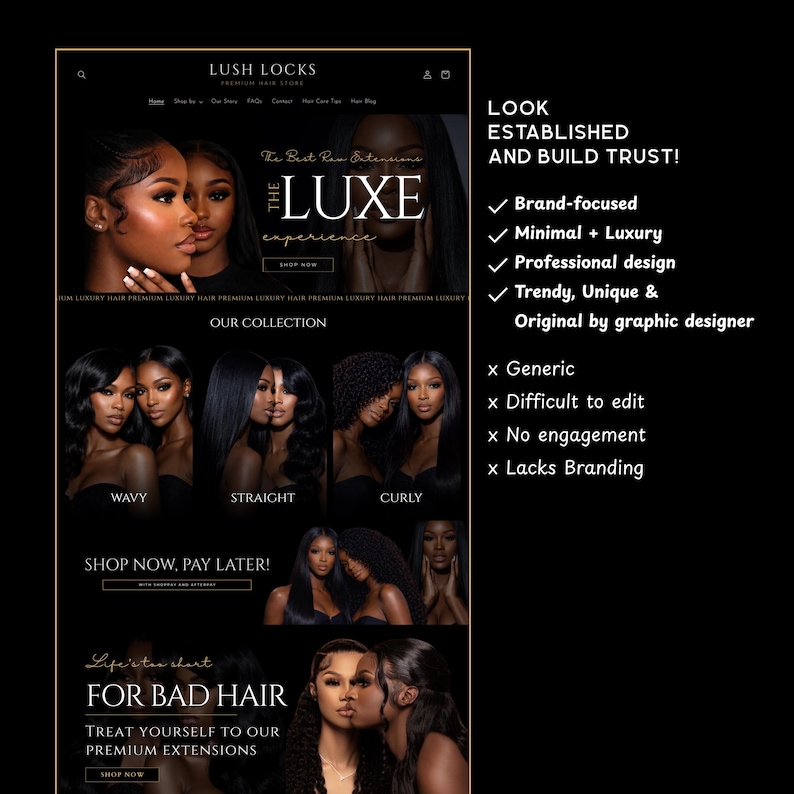 Puede incluir: Una p&aacute;gina de inicio de un sitio web para Lush Locks, una tienda de cabello premium, con im&aacute;genes de mujeres con varios peinados. El sitio muestra extensiones de cabello e incluye texto como "The Luxe Experience" y "Our Collection."