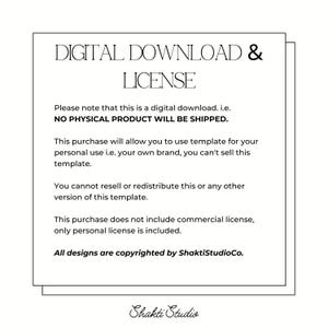 Puede incluir: Un documento rectangular blanco con texto negro. El texto dice "DESCARGA DIGITAL Y LICENCIA" y explica los t&eacute;rminos de uso, incluyendo que no se enviar&aacute; ning&uacute;n producto f&iacute;sico y que el dise&ntilde;o est&aacute; protegido por derechos de autor de ShaktiStudioCo.