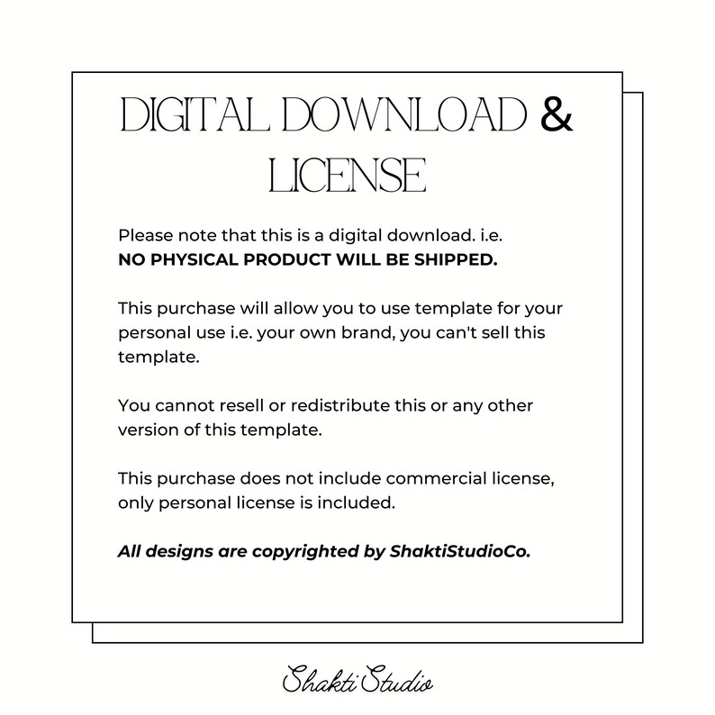 Puede incluir: Un documento rectangular blanco con texto negro. El texto dice "DESCARGA DIGITAL Y LICENCIA" y explica los t&eacute;rminos de uso, incluyendo que no se enviar&aacute; ning&uacute;n producto f&iacute;sico y que el dise&ntilde;o est&aacute; protegido por derechos de autor de ShaktiStudioCo.