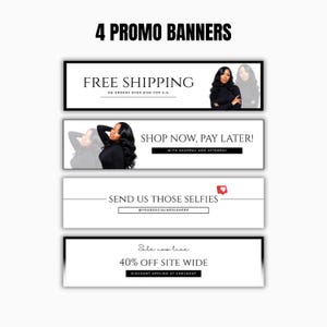 Puede incluir: Cuatro banners promocionales con texto e im&aacute;genes. Los banners incluyen frases como "Env&iacute;o gratuito", "&iexcl;Compra ahora, paga despu&eacute;s!", "Env&iacute;anos esas selfies" y "40% de descuento en todo el sitio". Cada banner tiene un borde negro y un fondo blanco.