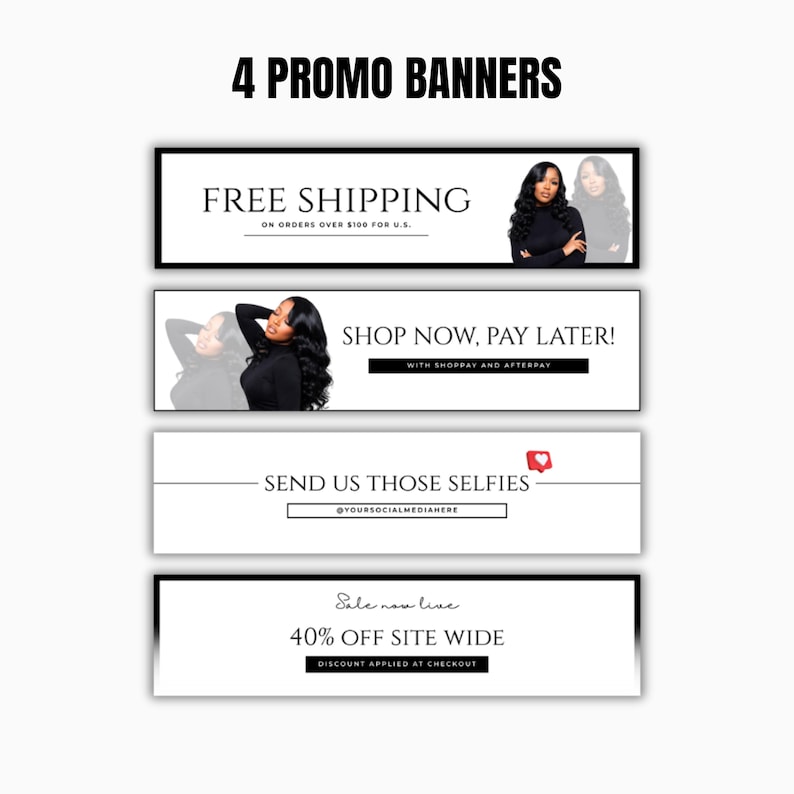 Puede incluir: Cuatro banners promocionales con texto e im&aacute;genes. Los banners incluyen frases como "Env&iacute;o gratuito", "&iexcl;Compra ahora, paga despu&eacute;s!", "Env&iacute;anos esas selfies" y "40% de descuento en todo el sitio". Cada banner tiene un borde negro y un fondo blanco.
