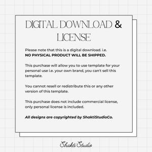 May include: A white digital download license document with black text. The document states that no physical product will be shipped and is for personal use only. The text also states that the designs are copyrighted by ShaktiStudioCo.