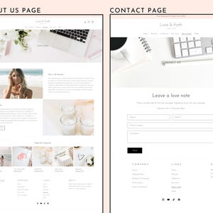 Op de afbeelding: Twee webpagina's, "Over ons" en "Contactpagina", op een lichtroze achtergrond. De "Over ons"-pagina toont een vrouw op het strand, tekst en productafbeeldingen. De "Contactpagina" bevat een formulier om "Een liefdesbriefje achter te laten".