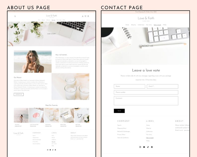 Op de afbeelding: Twee webpagina's, "Over ons" en "Contactpagina", op een lichtroze achtergrond. De "Over ons"-pagina toont een vrouw op het strand, tekst en productafbeeldingen. De "Contactpagina" bevat een formulier om "Een liefdesbriefje achter te laten".