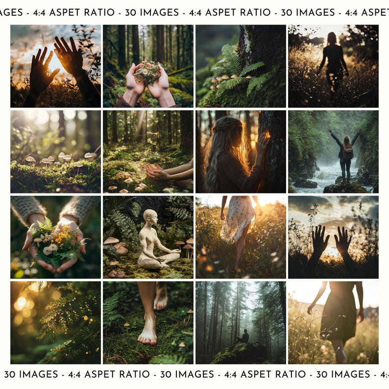 May include: A collage of 16 images with a nature theme. The images feature hands, forests, mushrooms, and figures in natural settings. The color palette includes greens, browns, and golden sunlight, creating a serene and natural aesthetic.