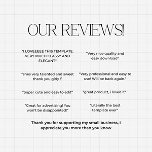May include: A white background with the words "OUR REVIEWS!" in a stylish font. The image displays customer testimonials, including phrases like "Very nice quality and easy download" and "Super cute and easy to edit."