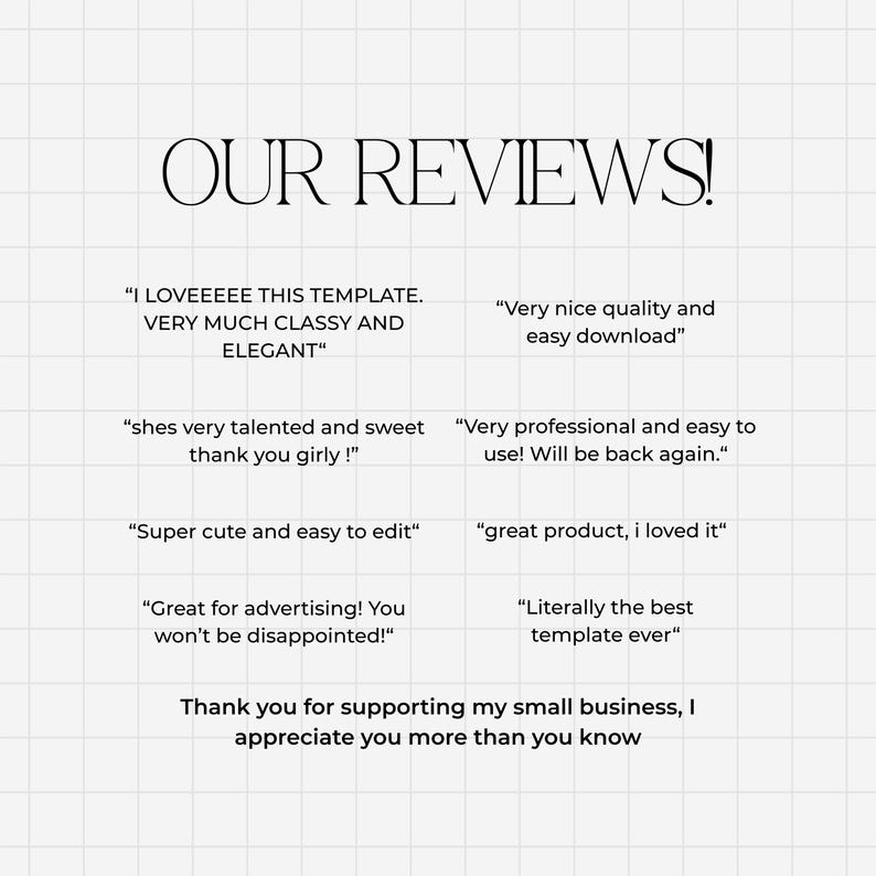 May include: A white background with the words "OUR REVIEWS!" in a stylish font. The image displays customer testimonials, including phrases like "Very nice quality and easy download" and "Super cute and easy to edit."