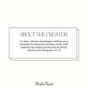 Puede incluir: Un gr&aacute;fico blanco con el texto "ACERCA DEL CREADOR:" seguido de una descripci&oacute;n de la creadora, Mon, una dise&ntilde;adora de 23 a&ntilde;os. El texto menciona la creaci&oacute;n de plantillas de lujo y el apoyo a su viaje creativo. El logotipo de Shakti Studio est&aacute; en la parte inferior.