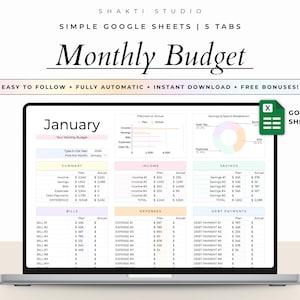 May include: A digital monthly budget template for Google Sheets displayed on a laptop screen. The interface features sections for summary, income, savings, bills, expenses, and debt payments, with charts and tables showing planned versus actual data.