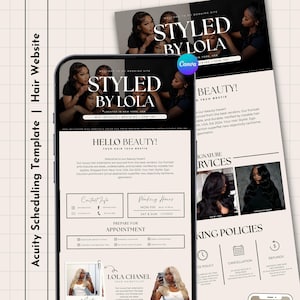 Könnte beinhalten: Acuity-Planungsvorlage für eine Haar-Website. Das Design zeigt den Text "STYLED BY LOLA" mit Bildern von Frauen. Die Website enthält Informationen zu Haar-Dienstleistungen, Buchungsrichtlinien und Kontaktdaten.