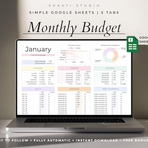 May include: A laptop screen displaying a digital monthly budget template for Google Sheets by Shakti Studio. The interface features sections for summary, income, savings, bills, expenses, and debt payments with charts, tables, and pastel color coding.