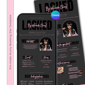 May include: A digital booking site template for a lash business titled LASHED By Amanda Chanel. The dark grey layout features pink script text, arched photo frames with a person with long dark hair, service lists, contact info, and booking policies.