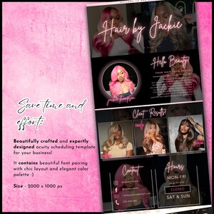 K&ouml;nnte beinhalten: Ein rosa-schwarzes digitales Template f&uuml;r einen Friseursalon mit dem Text "Hair by Jackie" und "Hello Beauty!" sowie Kundenergebnissen und Kontaktinformationen. Die Vorlage ist f&uuml;r die Terminplanung konzipiert und hat eine Gr&ouml;&szlig;e von 2000 x 1000 px.
