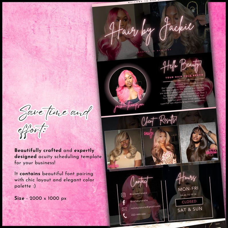 K&ouml;nnte beinhalten: Ein rosa-schwarzes digitales Template f&uuml;r einen Friseursalon mit dem Text "Hair by Jackie" und "Hello Beauty!" sowie Kundenergebnissen und Kontaktinformationen. Die Vorlage ist f&uuml;r die Terminplanung konzipiert und hat eine Gr&ouml;&szlig;e von 2000 x 1000 px.