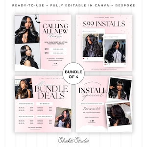 Op de afbeelding: Een bundel van vier roze en witte promotiegraphics voor een kapsalon. De graphics bevatten afbeeldingen van lang, gestyled haar, met tekst als "Calling All New Clients", "$99 Installs" en "Bundle Deals". De naam van de salon, Shakti Studio, staat onderaan.