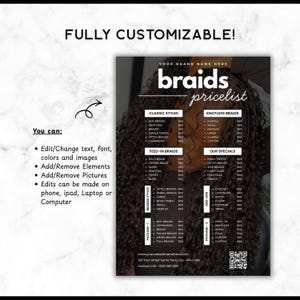 Op de afbeelding: Een zwart-wit prijslijst voor vlechten met verschillende vlechtstijlen en extra opties. De tekst bevat "Klassieke stijlen", "Knotless vlechten" en "Onze specials". De flyer is volledig aanpasbaar en kan worden bewerkt.