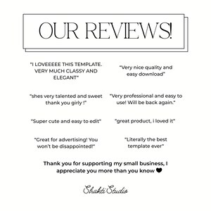 Op de afbeelding: Een witte afbeelding met de tekst "OUR REVIEWS!" bovenaan. Daaronder staan klantbeoordelingen, waaronder zinnen als "classy and elegant" en "easy download". De afbeelding eindigt met "Shakti Studio".