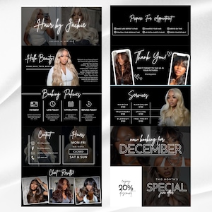 May include: A black and white promotional graphic for a hair salon, "Hair by Jackie." The graphic includes images of hairstyles, service pricing, booking policies, contact information, and a 20% discount offer.