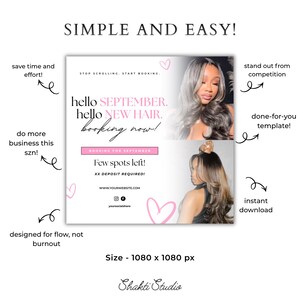 May include: A digital marketing template for hair stylists featuring the text: SIMPLE AND EASY!, STOP SCROLLING, START BOOKING, hello SEPTEMBER, hello NEW HAIR, booking now!, BOOKING FOR SEPTEMBER, Few spots left!, XX DEPOSIT REQUIRED!, and WWW.YOURWEBSITE.COM.