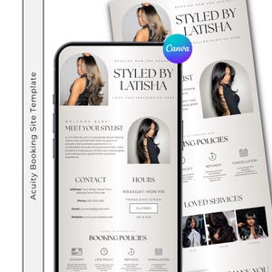 May include: A digital booking site template for a hair stylist named Styled by Latisha, featuring a mobile phone display and a vertical layout. The design includes arched photo frames, black text on a light background, contact details, and policies.