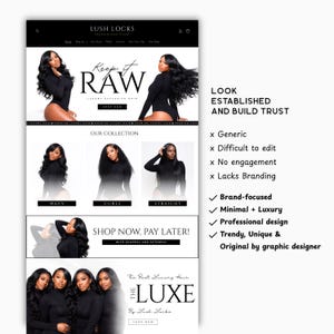 Puede incluir: Maqueta de sitio web para extensiones de cabello Lush Locks. El sitio presenta im&aacute;genes de mujeres con cabello largo y fluido. El texto incluye "Keep it RAW", "Our Collection" y "Shop Now, Pay Later!". El dise&ntilde;o est&aacute; enfocado en la marca y es lujoso.