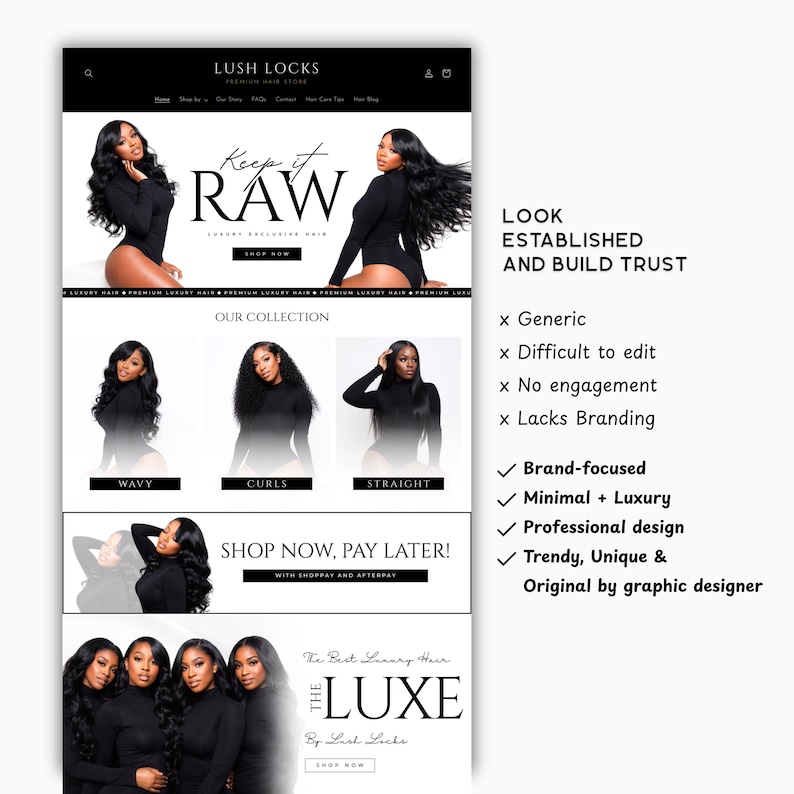 Puede incluir: Maqueta de sitio web para extensiones de cabello Lush Locks. El sitio presenta im&aacute;genes de mujeres con cabello largo y fluido. El texto incluye "Keep it RAW", "Our Collection" y "Shop Now, Pay Later!". El dise&ntilde;o est&aacute; enfocado en la marca y es lujoso.