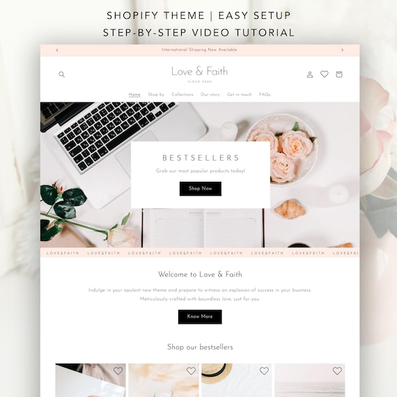 Minimal Shopify Theme, Feminine & Pink Shopify Template, Digital Download Shopify 2.0 Theme, Stationery, Wellness, Rose Gold Website Design