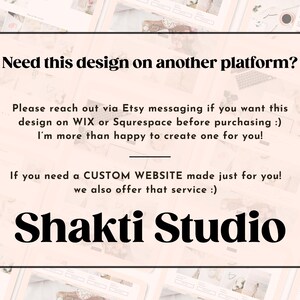 Op de afbeelding: Een digitale afbeelding met de tekst "Need this design on another platform?" en "Shakti Studio". De afbeelding biedt aangepaste website-ontwerpdiensten en vermeldt de platforms WIX en Squarespace. De achtergrond toont een website-ontwerp.