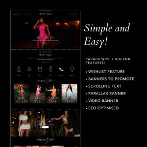 Puede incluir: Maqueta de sitio web para Night Angel, con un tema oscuro y texto blanco. El sitio muestra las novedades, los m&aacute;s vendidos y una secci&oacute;n de Miami Drop. El texto incluye "Simple and Easy!" y "Packed with high-end features."
