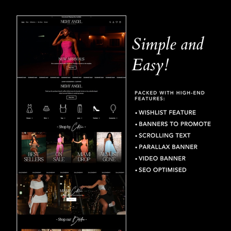 Puede incluir: Maqueta de sitio web para Night Angel, con un tema oscuro y texto blanco. El sitio muestra las novedades, los m&aacute;s vendidos y una secci&oacute;n de Miami Drop. El texto incluye "Simple and Easy!" y "Packed with high-end features."