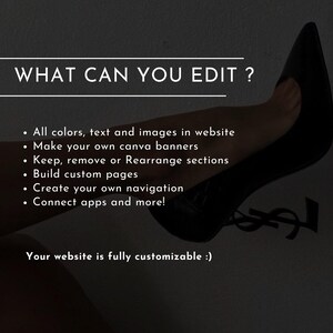 Puede incluir: Una imagen en blanco y negro con texto que dice "WHAT CAN YOU EDIT?" y una lista de opciones de personalizaci&oacute;n del sitio web. El texto "Your website is fully customizable :)" est&aacute; en la parte inferior de la imagen.
