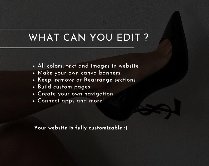 Puede incluir: Una imagen en blanco y negro con texto que dice "WHAT CAN YOU EDIT?" y una lista de opciones de personalizaci&oacute;n del sitio web. El texto "Your website is fully customizable :)" est&aacute; en la parte inferior de la imagen.
