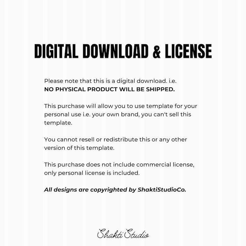 Puede incluir: Un fondo blanco con texto negro que dice "DESCARGA DIGITAL Y LICENCIA". El texto explica que el producto es una descarga digital, no se enviar&aacute; ning&uacute;n producto f&iacute;sico y es solo para uso personal. El logotipo de Shakti Studio est&aacute; en la parte inferior.