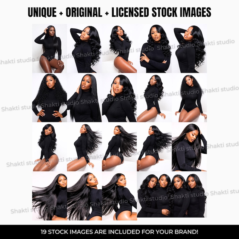 Puede incluir: Un collage de 19 im&aacute;genes de stock que muestran a mujeres con monos negros con varios peinados. Las im&aacute;genes est&aacute;n dispuestas en una cuadr&iacute;cula. El texto "UNIQUE + ORIGINAL + LICENSED STOCK IMAGES" est&aacute; en la parte superior y "19 STOCK IMAGES ARE INCLUDED FOR YOUR BRAND!" en la inferior.