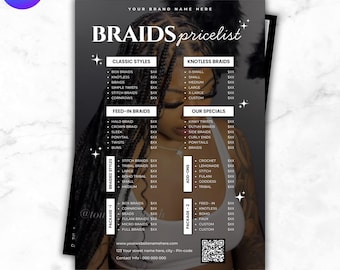 Plantilla de folleto de trenzas sin nudos: Lista de precios de trenzas, ofertas especiales (editable en Canva, descarga digital)