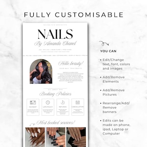Pode incluir: Um modelo de site de agendamento digital para uma t&eacute;cnica de unhas chamada Amanda Chanel. O layout branco apresenta texto preto, uma foto, &iacute;cones de pol&iacute;ticas de agendamento e imagens de unhas feitas. O texto inclui Fully Customisable, Nails, Hello beauty, Booking Policies e Most booked services.