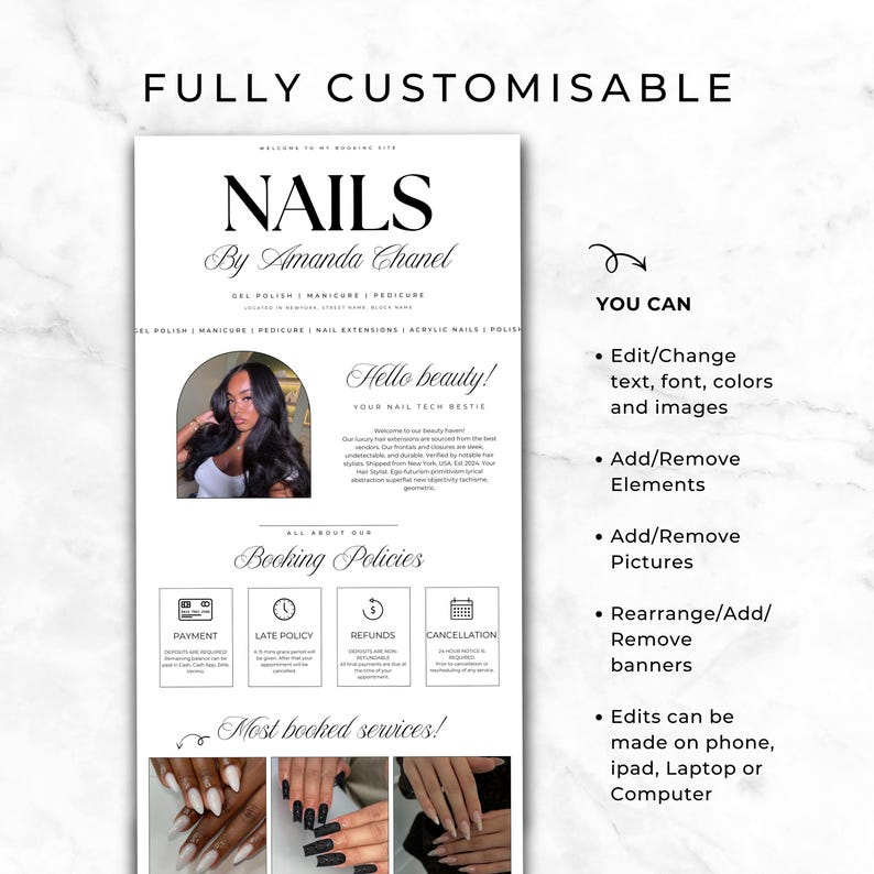 Pode incluir: Um modelo de site de agendamento digital para uma t&eacute;cnica de unhas chamada Amanda Chanel. O layout branco apresenta texto preto, uma foto, &iacute;cones de pol&iacute;ticas de agendamento e imagens de unhas feitas. O texto inclui Fully Customisable, Nails, Hello beauty, Booking Policies e Most booked services.