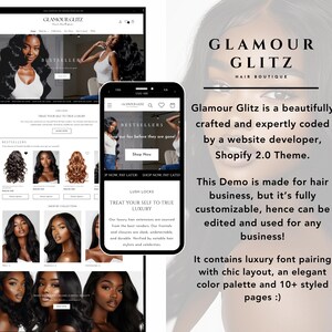 K&ouml;nnte beinhalten: Ein Website-Mockup f&uuml;r eine Haarboutique namens Glamour Glitz. Die Website verf&uuml;gt &uuml;ber ein Schwarz-Wei&szlig;-Farbschema mit einem modernen Design. Der Text auf der Website lautet "Glamour Glitz Hair Boutique", "Bestseller", "Treat Your Self To True Luxury" und "Shop Now".