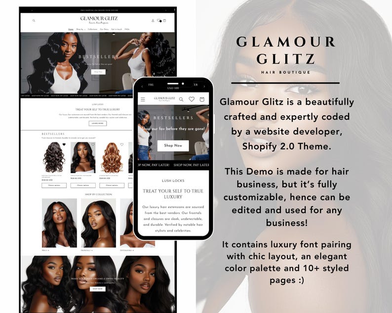 K&ouml;nnte beinhalten: Ein Website-Mockup f&uuml;r eine Haarboutique namens Glamour Glitz. Die Website verf&uuml;gt &uuml;ber ein Schwarz-Wei&szlig;-Farbschema mit einem modernen Design. Der Text auf der Website lautet "Glamour Glitz Hair Boutique", "Bestseller", "Treat Your Self To True Luxury" und "Shop Now".