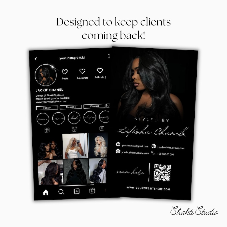 K&ouml;nnte beinhalten: Schwarz-wei&szlig;es Visitenkartendesign mit einem Frauenportr&auml;t und Social-Media-Symbolen. Die Karte enth&auml;lt den Text "Styled by Latisha Chanel" und einen QR-Code. Der Hintergrund ist schwarz mit wei&szlig;em Text.