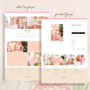 May include: Two website pages with a pink and white color scheme. The left page is labeled "about us page" and the right page is labeled "product page". The product page shows an embroidered pillow. The text "Torger" is visible.